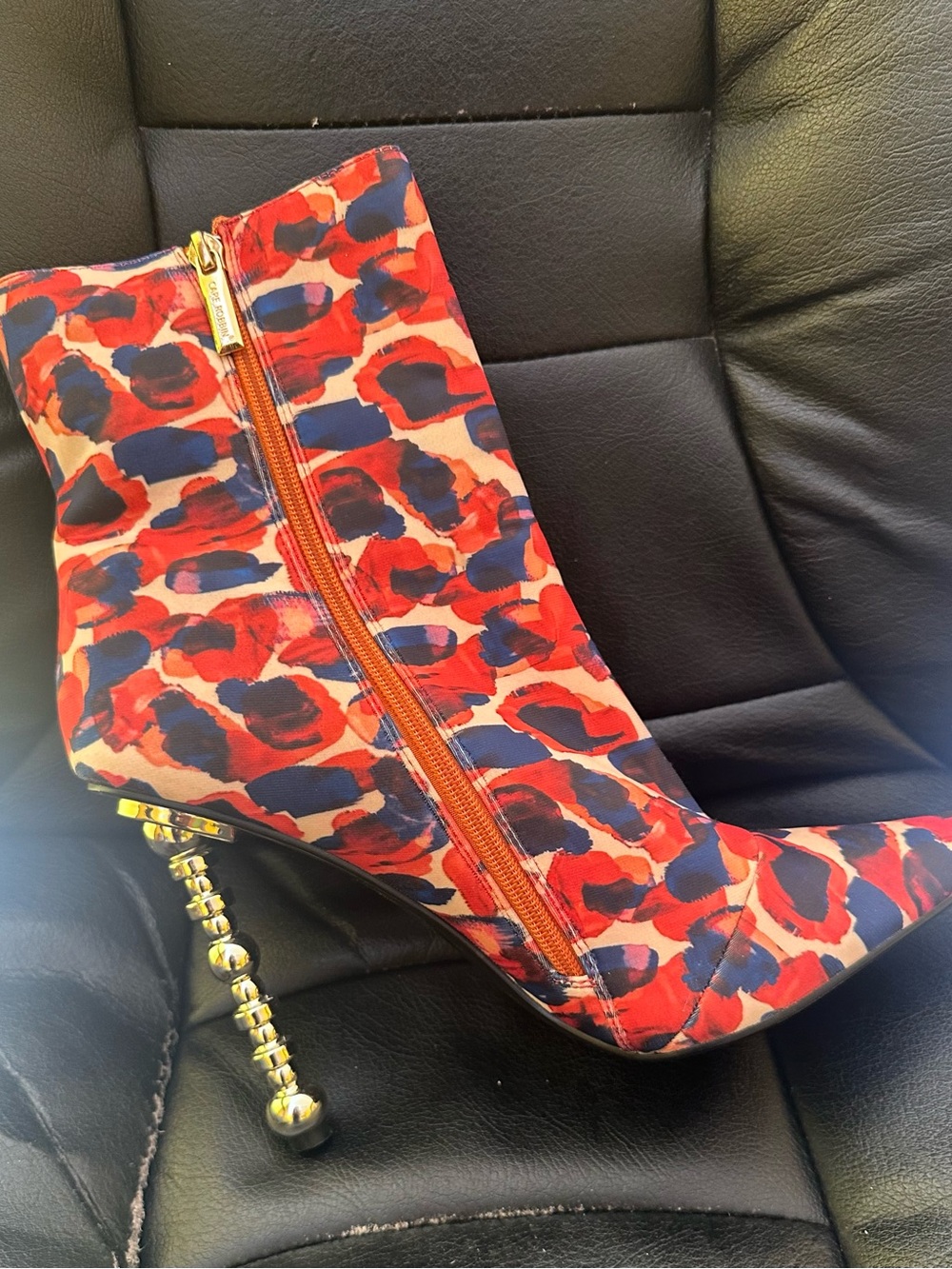 Cape Robbin Red & Navy Abstract-Print Sculpted-Heel Ankle Boot
